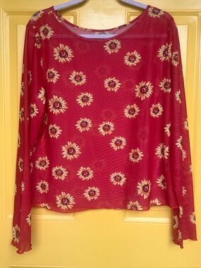 Red Sunflower Long Sleeve Mesh Shirt Size L/XL Red Mesh Sunflower Top